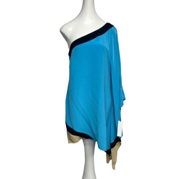 JAYGODFREY Dresses & Skirts - Jay Godfrey 12 Silke Mini Shift Dress Asymmetrical One Shoulder Teal Blue Mod